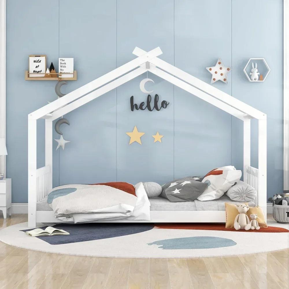 White house Children Beds,Low Profile House Bed, Wood House-Shaped Twin Platform Bed for Kids, No Box Spring Needed