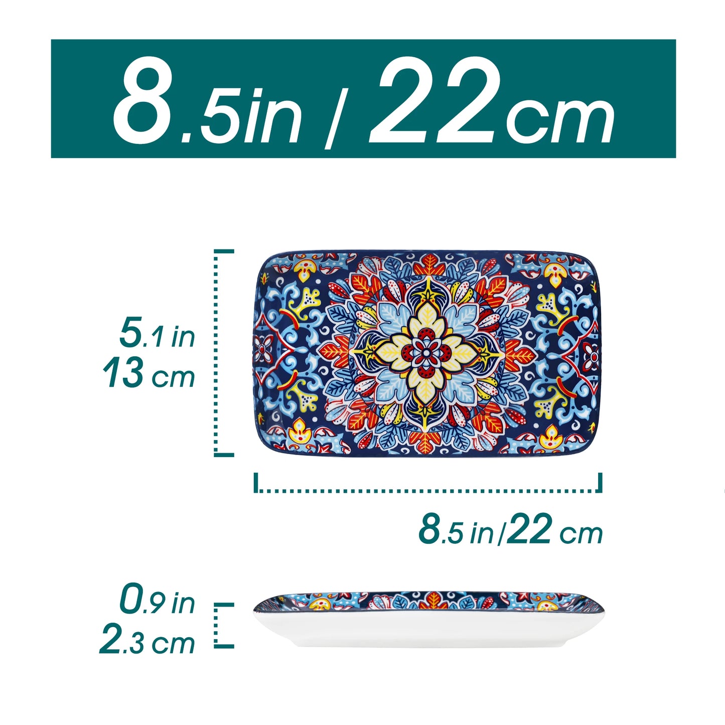 vancasso 6/12 Piece Porcelain Rectangular Serving Plates Bohemian 8.5inch Dinner Plates Set for Beef/Food/Noodles/Pasta 6 People