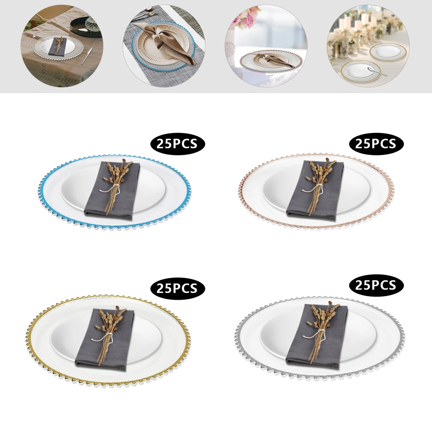 25pcs Gold/Rose Gold/Silver/Blue 12.6inch Clear Charger Plates Table Charger Plates Dinner Charger Plates For Banquets Weddings