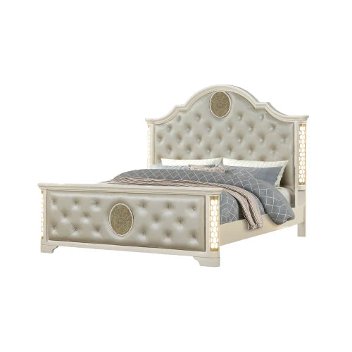 Queen Size 5 Piece LED Vanity Bedroom Set In Beige Wood