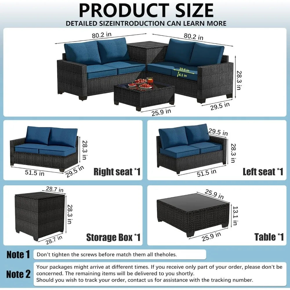 Premium Outdoor Patio Furniture Set with Storage & Glass Table, Patio Conversation Sets with Thick Cushions, 4 Piece Rattan