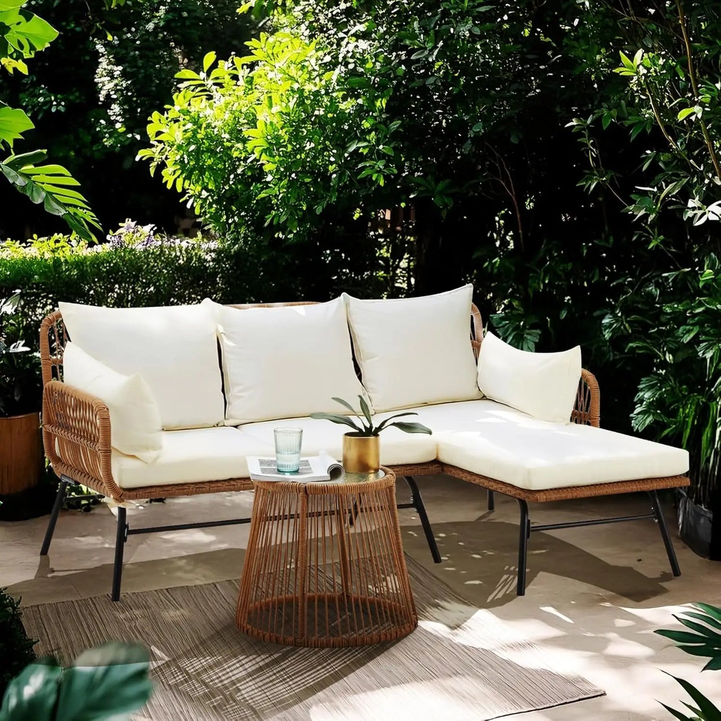 3-Piece Outdoor Patio Furniture Set, L-Shaped Rattan Sectional Sofa with Thick Cushions, Glass Coffee Table