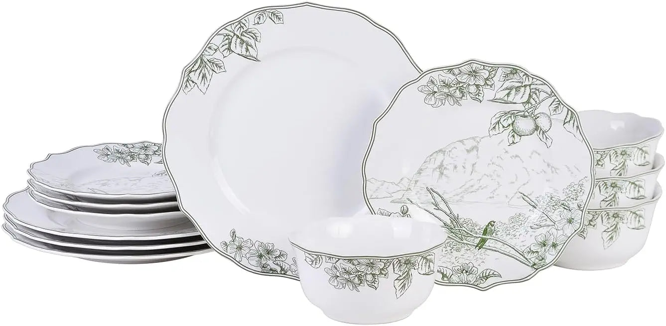 Hudson Valley 12-Piece Porcelain Dinnerware Set - Service for 4, Plate & Bowl Set, White with Green Floral and Fauna Traditional