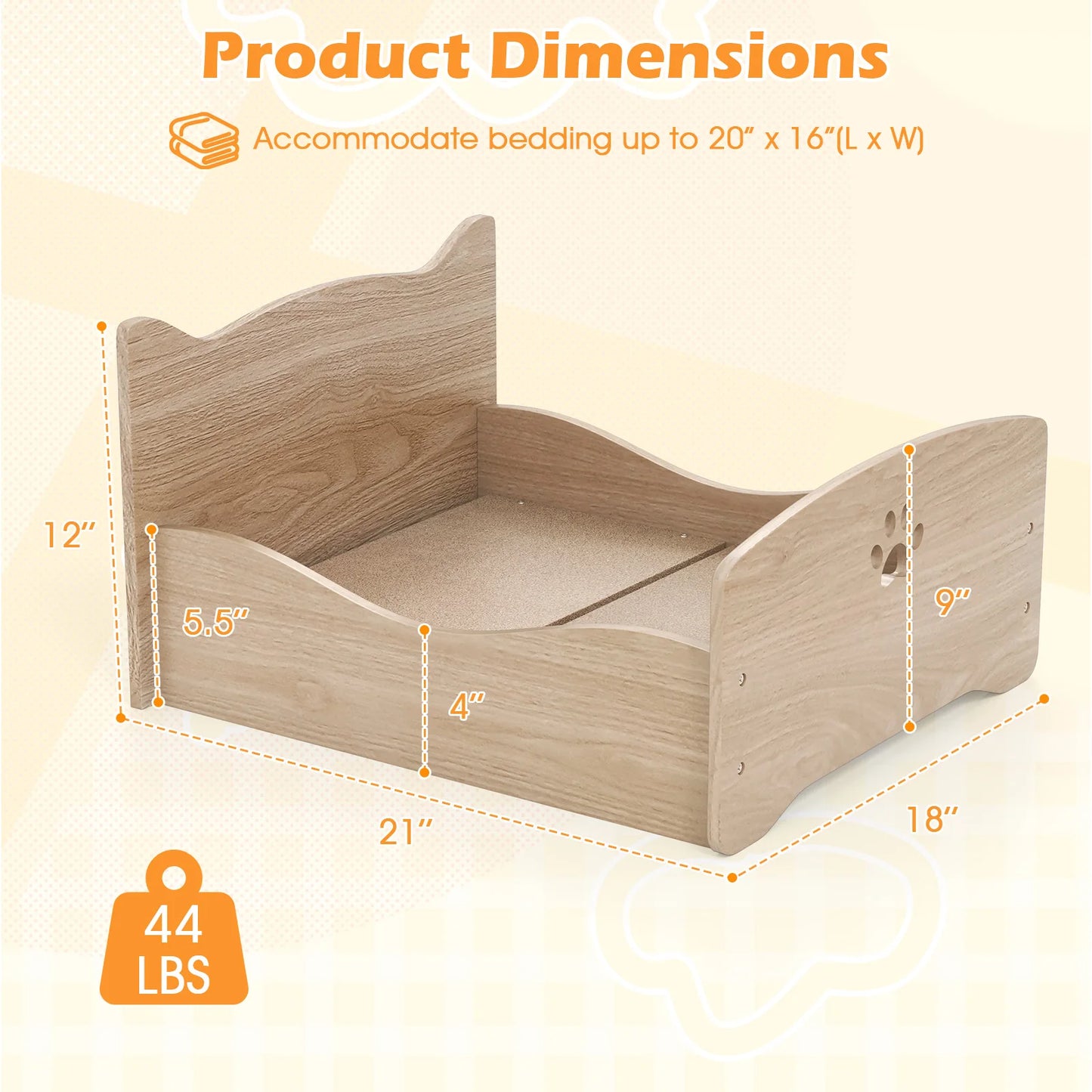 Elevated Pet Bed Frame Indoor Large Cat Bed w/ Rails, Cute Headboards, Storage Space, Rabbit Sleeping Habitat, Small Animals Bed