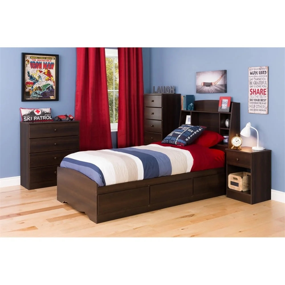 Twin Bookcase Headboard Espresso Solid Wood Storage Compartments Space Saving Bedroom Furniture Assembly Required