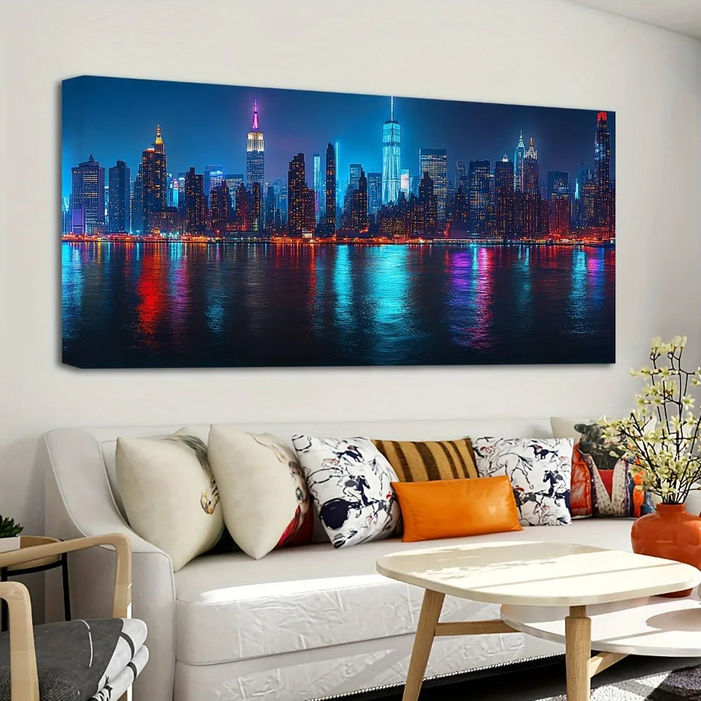 New York City Skyline Canvas Wall Art In Pine Frame