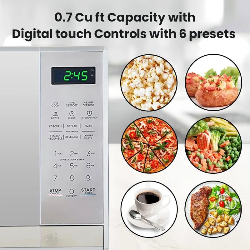 Total Chef 0.7Cu Ft Microwave Oven Stainless Steel Compact Style Microondas,Smart Countertop Kitchen Appliance Digital Touch Use
