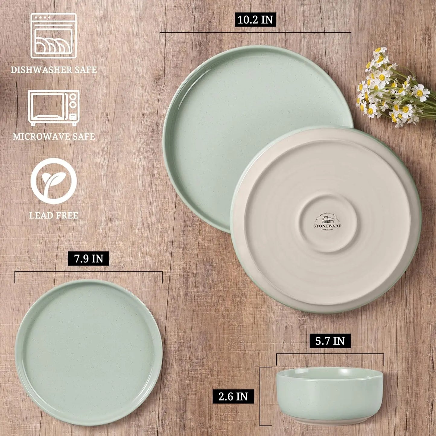 Stoneware Dinnerware Sets, 18-Piece Plates and Bowls Set for 6, Dishes Set for Home Restaurant, Speckled Asparagus Green