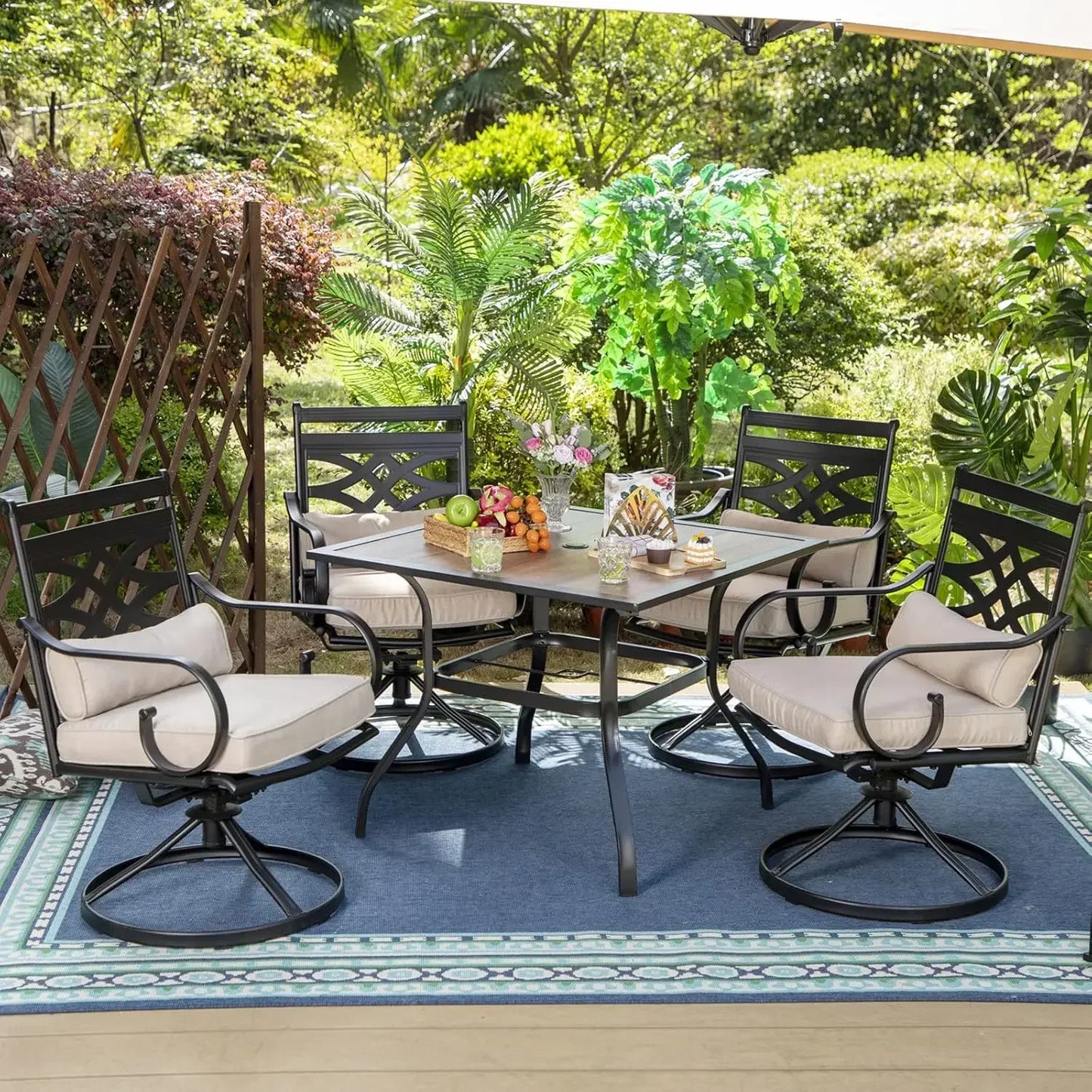5 PCS Patio Dining Sets with 4 Swivel Chairs and 1 Square Table, All Weather Heavy Duty Black Frame, Outdoor Furniture for 4