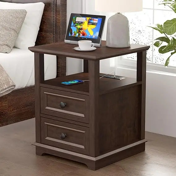 24" Nightstand with Charging Station, End Table with 18W Fast Charge, Side Table with Drawers,Rustic Wood Storage Cabinet with O
