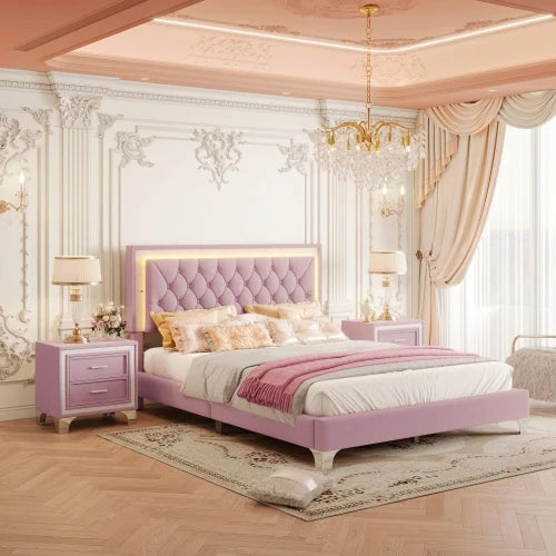 3 Piece Queen Size Upholstered Bed With LED Lights Pink Set