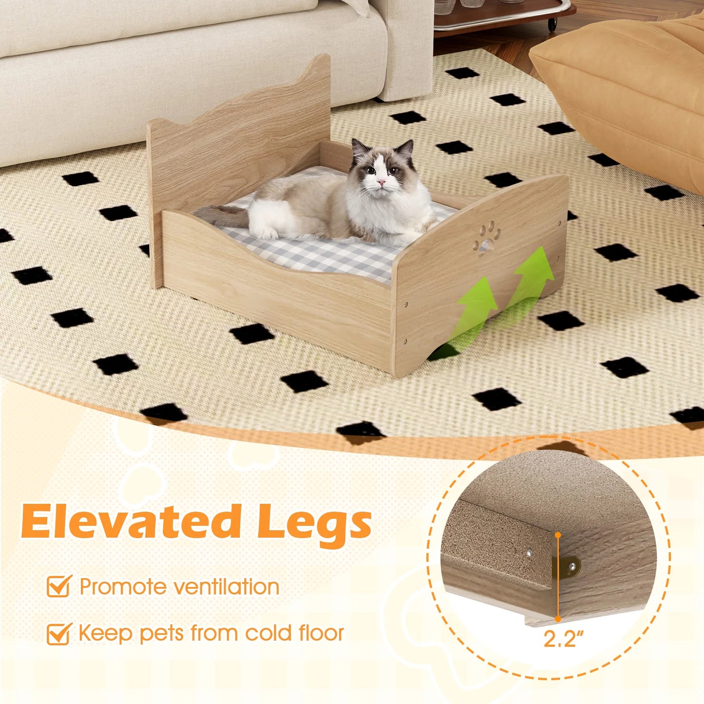 Elevated Pet Bed Frame Indoor Large Cat Bed w/ Rails, Cute Headboards, Storage Space, Rabbit Sleeping Habitat, Small Animals Bed