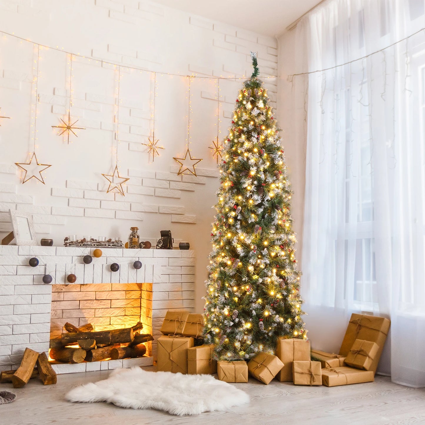 9ft Automatic Tree Structure Pointed Pencil Shape PVC Material Green Sticky White 460 Lights Warm Color 8 Modes 1298 Branches 91