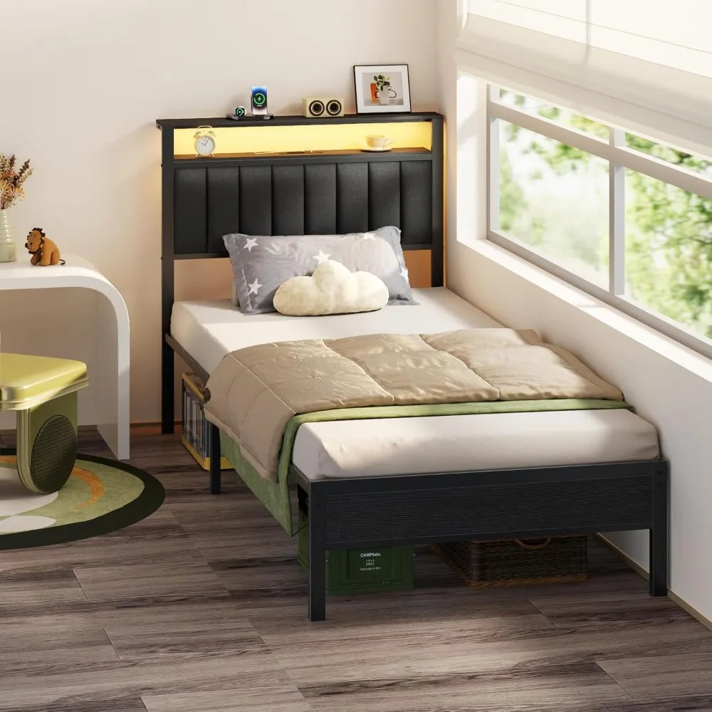 LED Twin Size Bed Frame with Charging Station and 2-Tier Storage Shelves, Platform Bed with Metal Slats, No Box Spring Needed