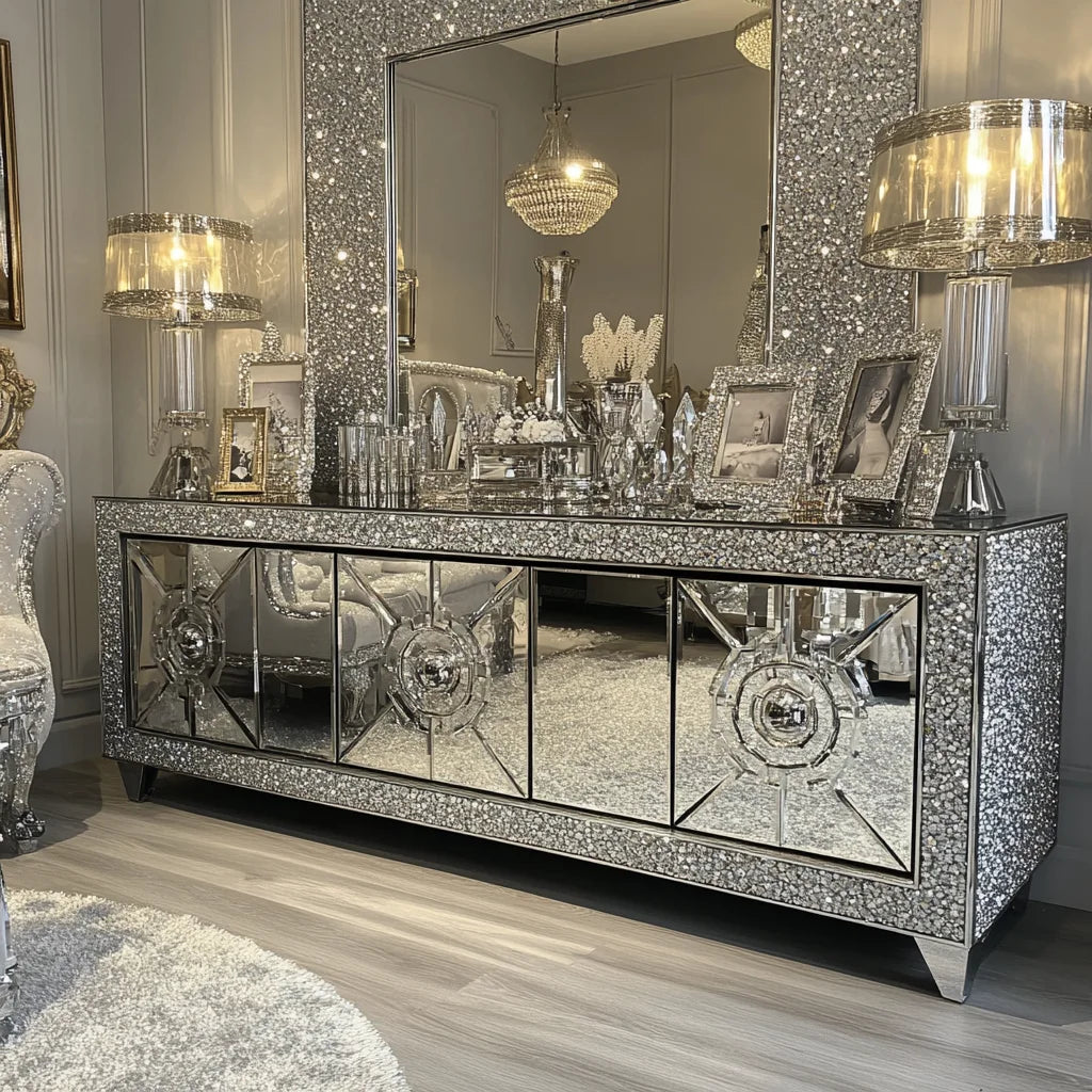 XMSJ Floating Crystal Mirrored Diamond TV Cabinet Stand