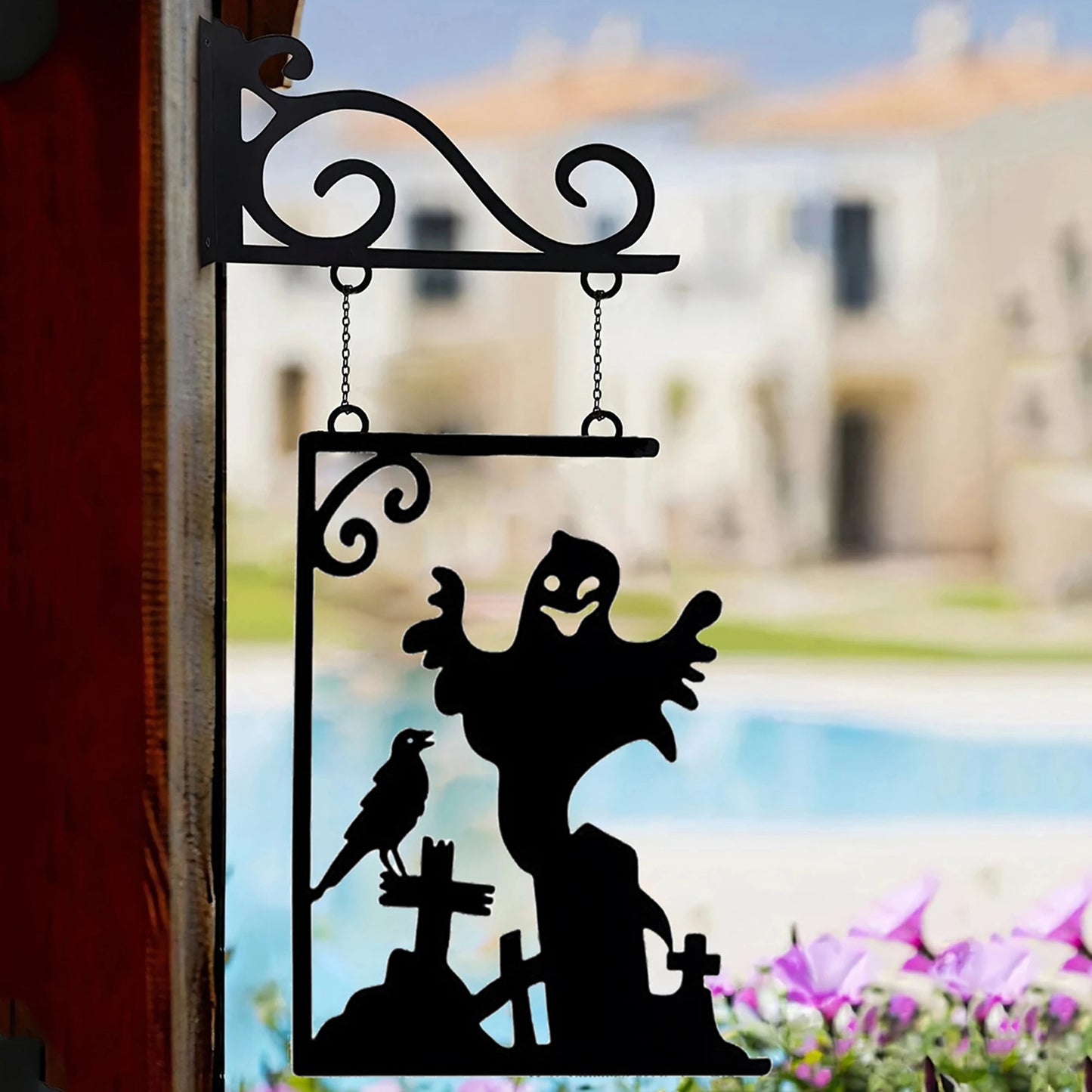 Creepy Skeleton Pumpkin Haunted House Metal Yard Sign Halloween Outdoor Decor Spooky Graveyard Wall Art for Garden Use