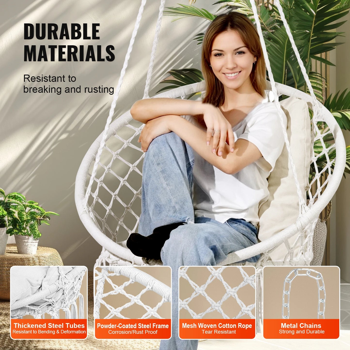 SucceBuy Hanging Hammock Swing Chair 330lbs Macramé Hanging Chair Cotton Rope Swing Chair for Bedroom Balcony Patio Garden White