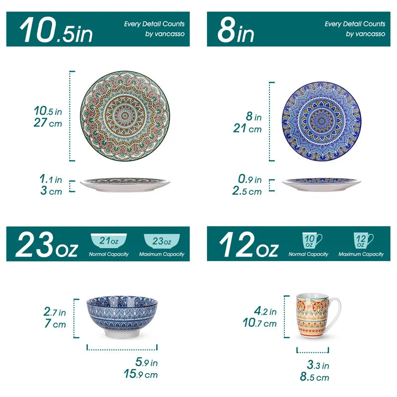 16Pcs Ceremic Plate Porcelain Dinnerware Set Bohemian Mandala Patterned with Dinner Plate,Dessert Plate,Bowl,Mug Tableware Set