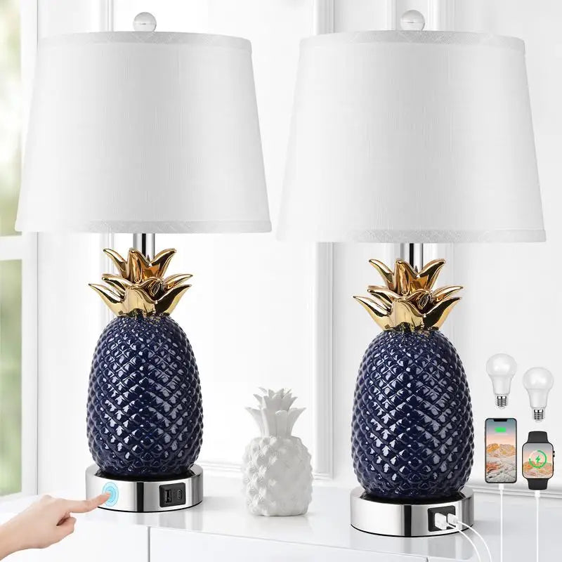 22" Pineapple Table Lamps Set of 2, 3-Way Dimmable Ceramic Lamps for Living Room, Navy Blue Modern Design with USB Port, Tall