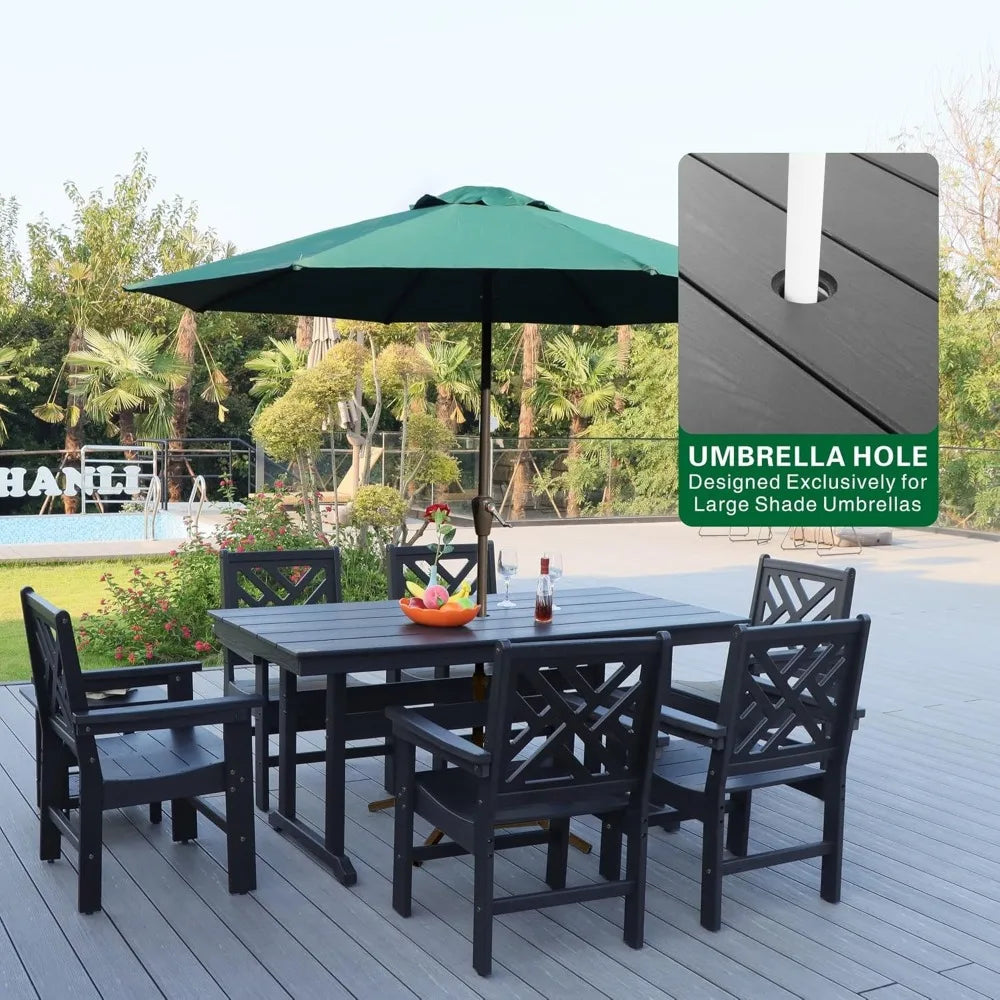 Outdoor HDPE Dining Table Set,7-Piece All Weather Rectangular Wood Grain Patio Table and Chairs with Umbrella Hole for Garden, B