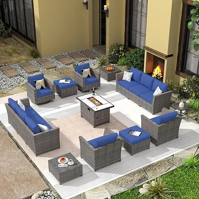 16 Pieces Patio Furniture Conversation Set,with 42" Fire Pit Table Rocking Chair,Outdoor Sectional Gray Wicker Sofa Set