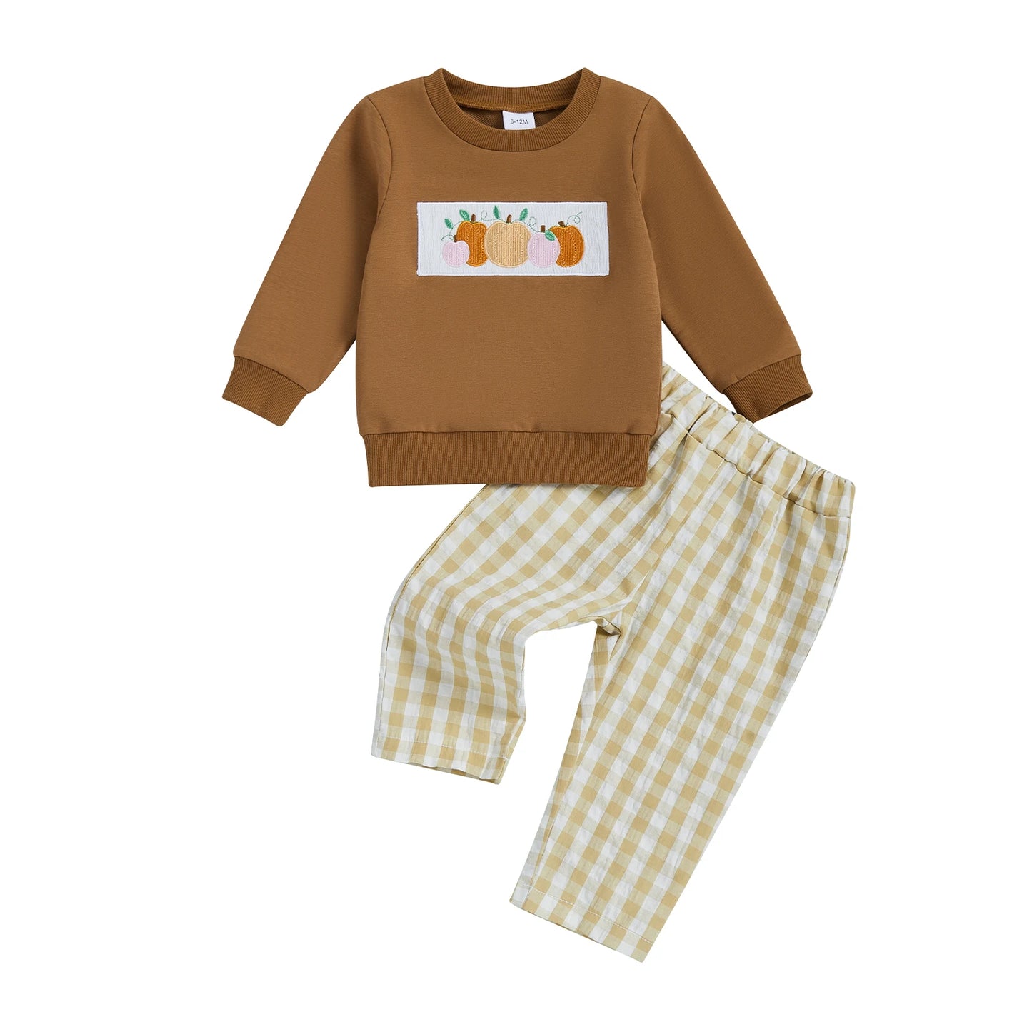 Adorable Baby Halloween Costume Set with Pumpkin Embroidery Long Sleeve Top and Plaid Pants for Toddler Boy or Girl 2-Piece