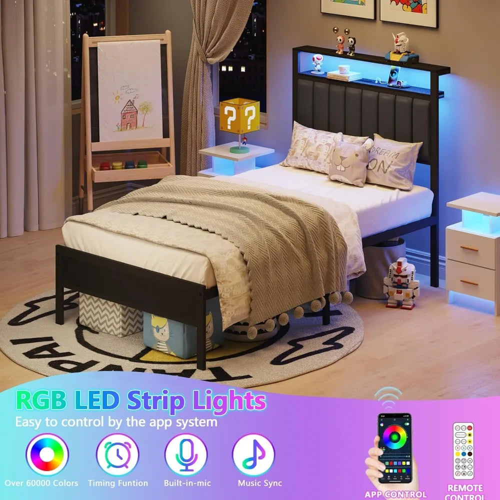 LED Twin Size Bed Frame with Charging Station and 2-Tier Storage Shelves, Platform Bed with Metal Slats, No Box Spring Needed