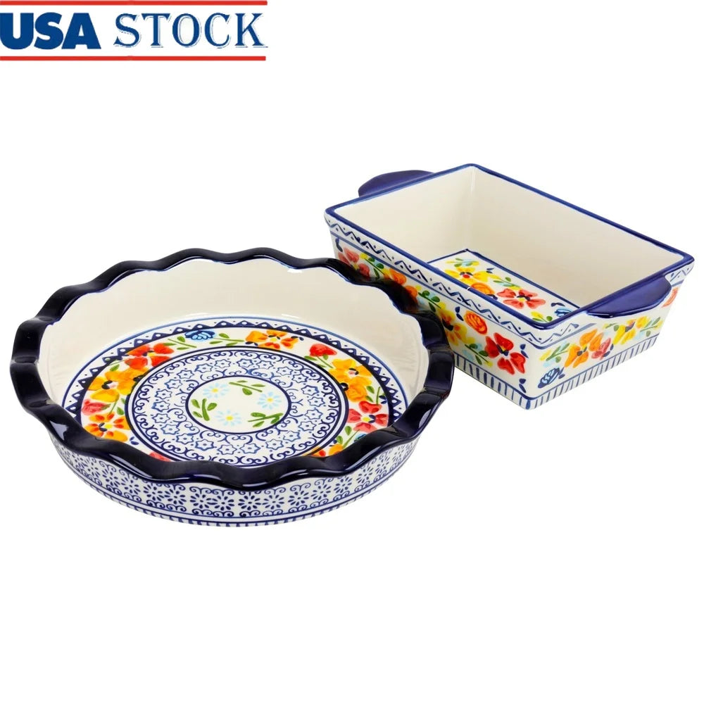 Stoneware Bakeware Set Ruffle Top Pie Plate and Versatile Baking Dish Baking Serving Storing Dishwasher Safe High Temperature