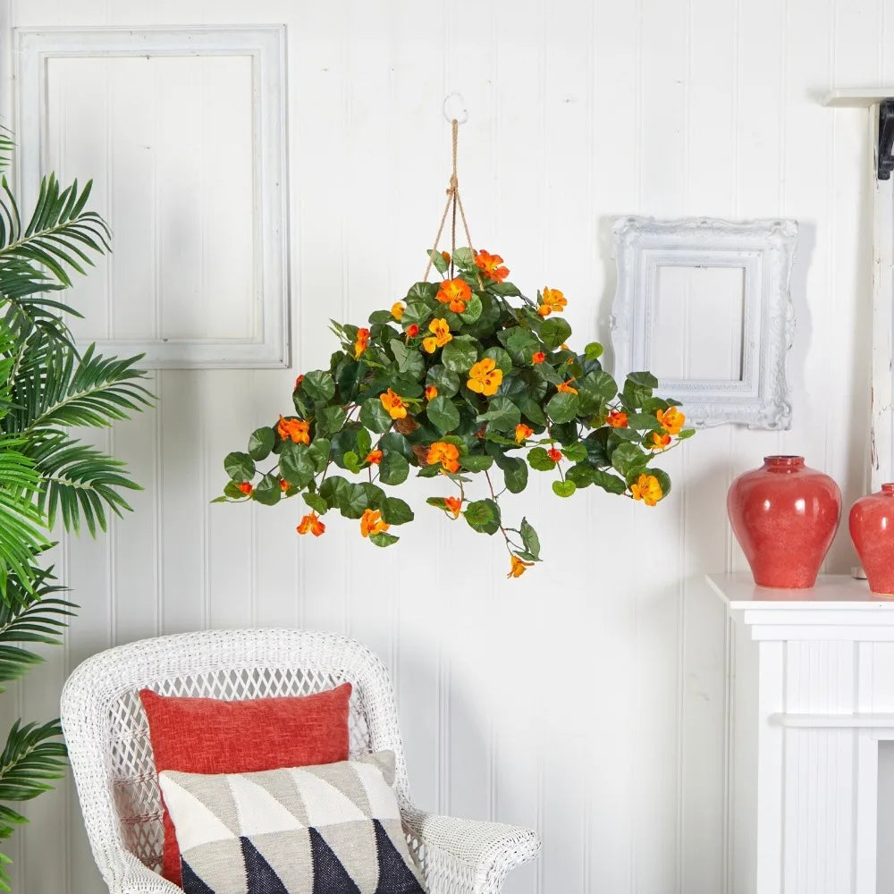 22” Nasturtium Artificial Faux Plant in Hanging Basket Home Decor.