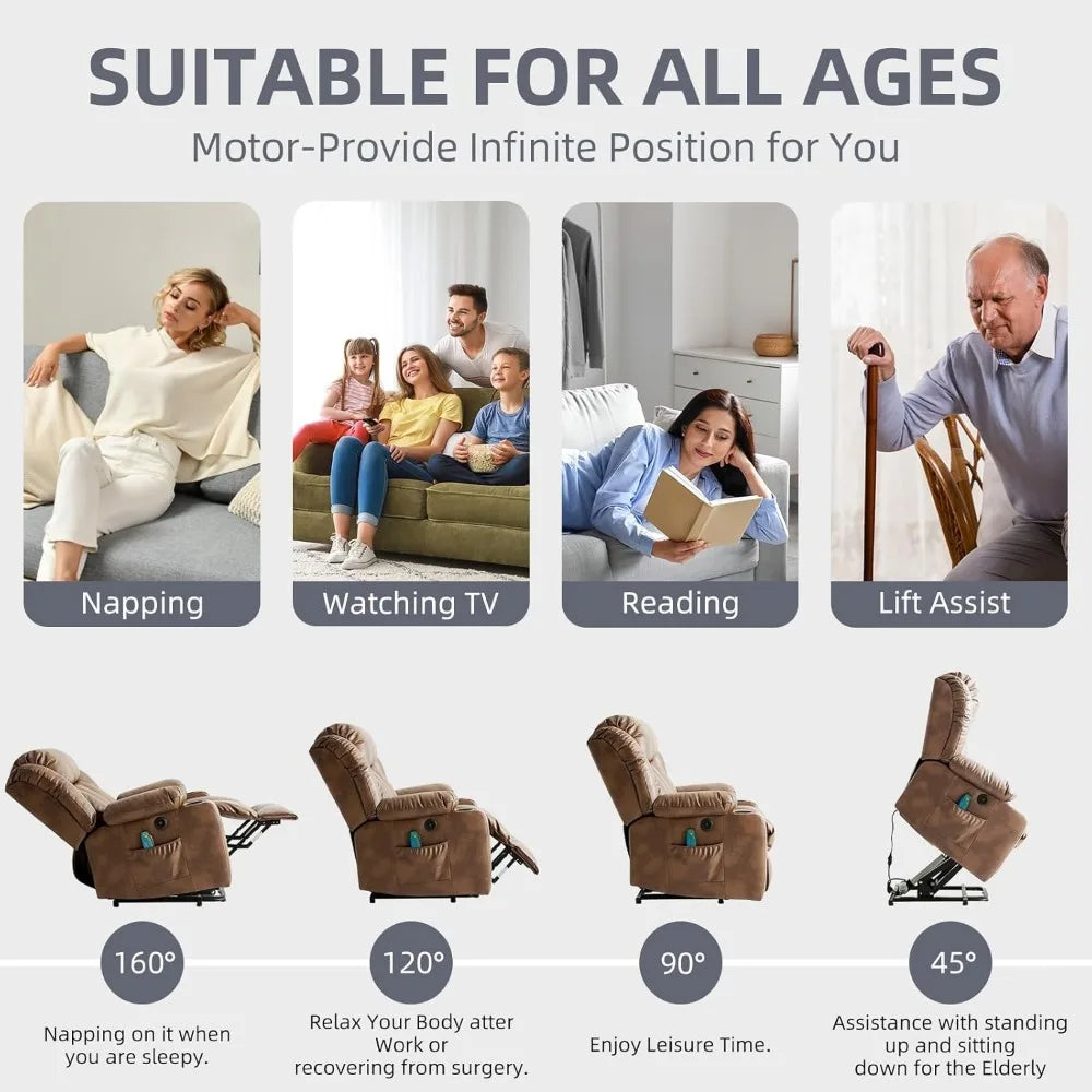Power Lift Recliner Chair for Elderly, Electric Recliner Chairs for Adults with Massage and Heat, Cup Holders, Remote Control, U