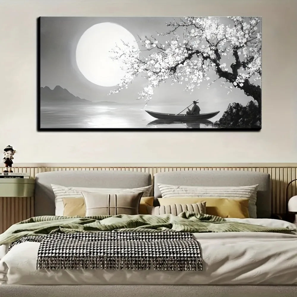 Framed Floral Moon Canvas Wall Art In Pine Wood Frame