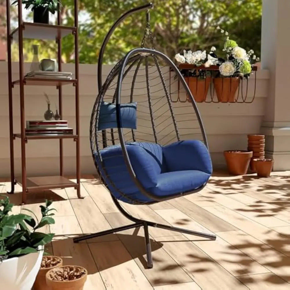 Outdoor Hanging Egg Chair with Stand,Indoor Swinging Chair Patio Wicker Hammock Egg Chair with Thicken Padded Cushions