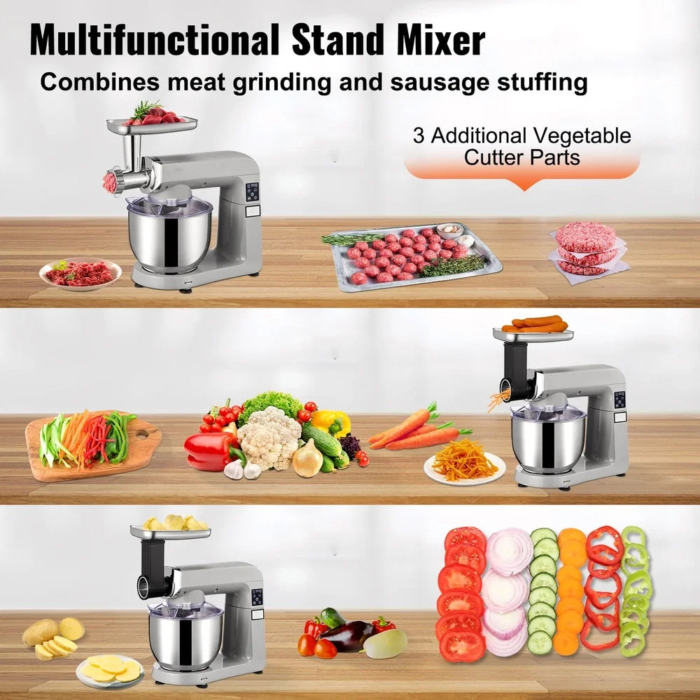 7.3qt Stand Mixer with Meat Grinder Scraper Food Tray 450W 6 Speed LCD Control 7L Stainless Bowl Kitchen Appliance