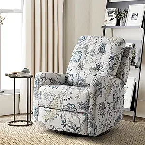 Recliner Chair Modern Printed Fabric for Living Room, Wingback Rocker Recliner Sofa Comfy Armchair 360 Degree Swivel, Nursery R