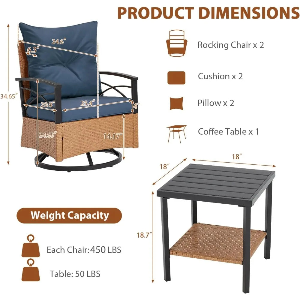 3 Pieces Patio Furniture Set, Outdoor Swivel Patio Rocker Chairs with Thick Cushions and 2-Tier Coffee Table
