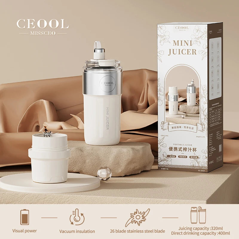 Double Layer Vacuum Insulated Juicer 304 Stainless Steel Juicers 350ml USB Charge Portable 26 Blades Strong Power Freesh Juicer