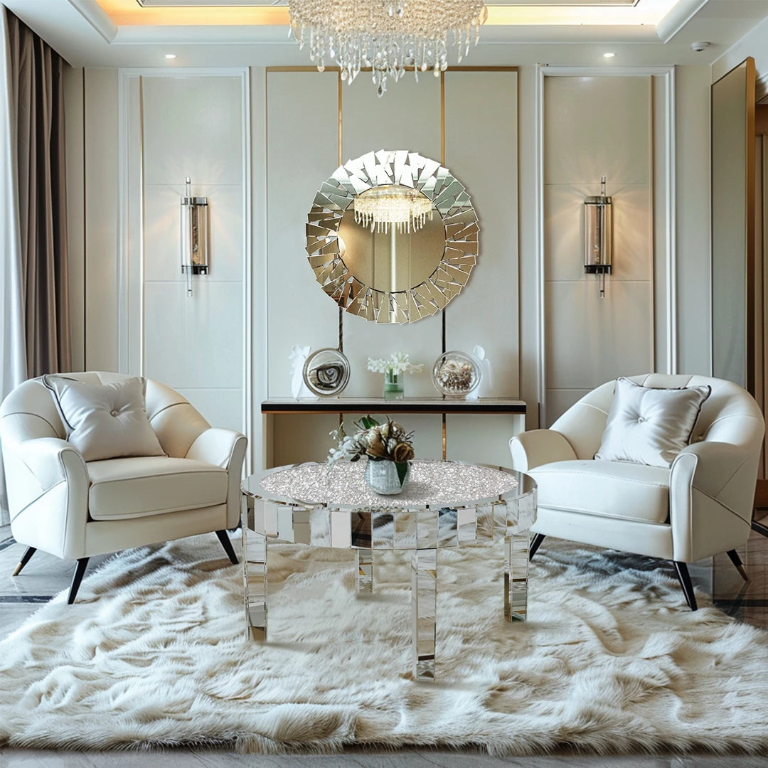 Luxury Round Mirror Coffee Table Crystal Diamonds Inlay