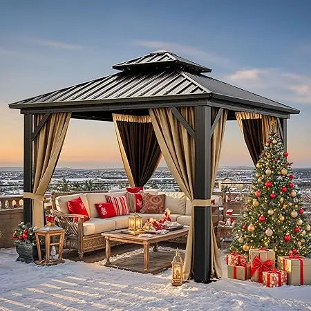 10x10ft Hardtop Gazebo with Nettings and Curtains, Heavy Duty Double Roof Galvanized Steel Outdoor Combined of Vertical Stripes