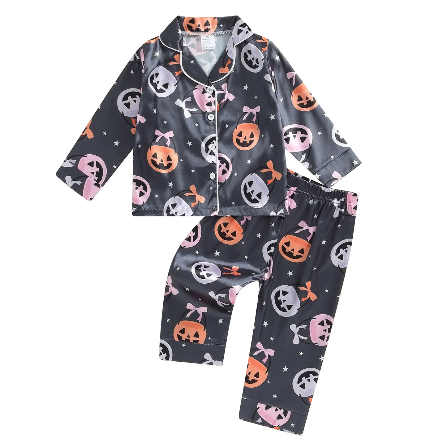Women s Halloween Pajama Sets with Long Sleeve Lapel Pumpkin Bow Print Shirt and Pants for Cozy Sleepwear