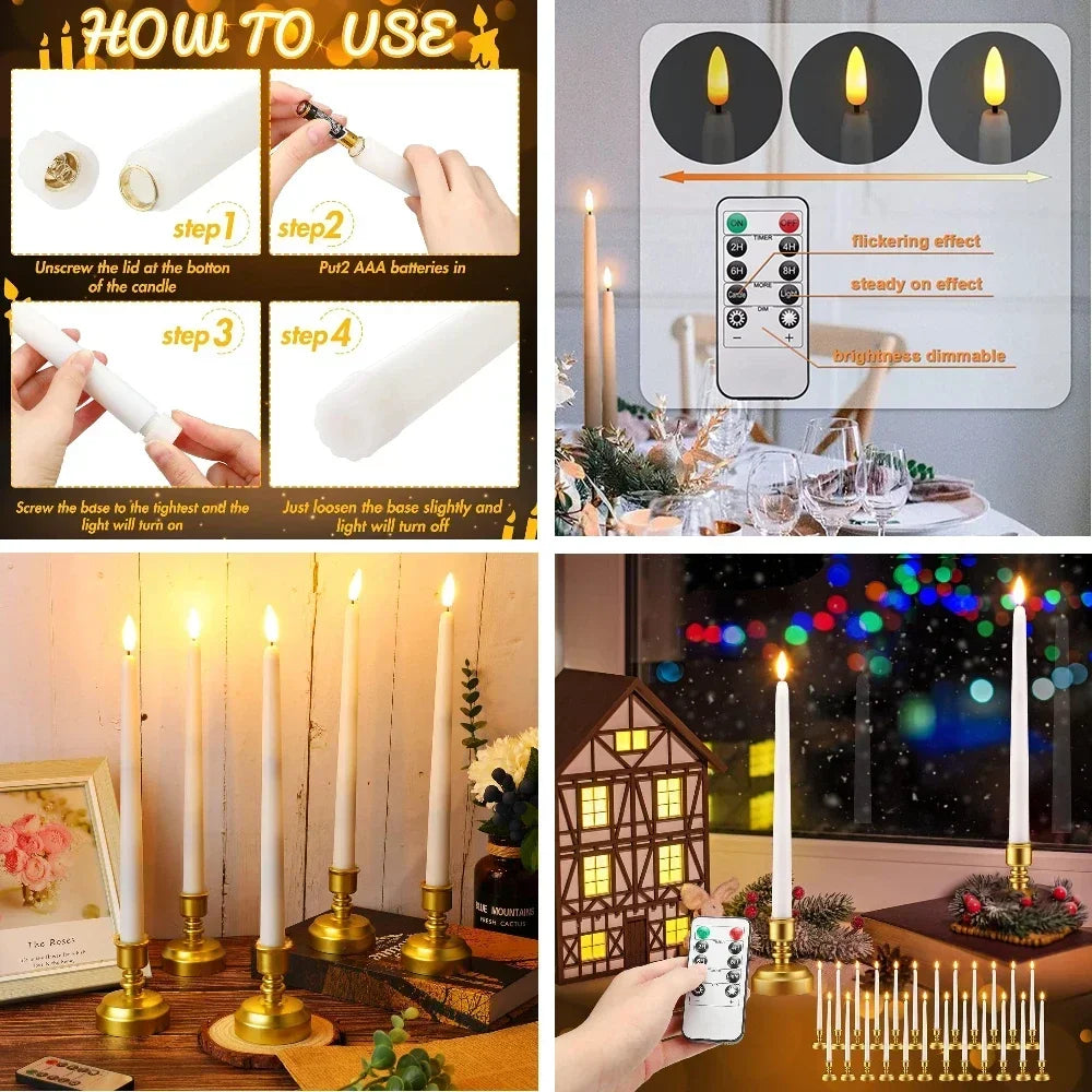 Pack of 6/12 Flameless Ivory Taper Candles Flickering with Remote Battery Operated Christmas Home Wedding Table Decor