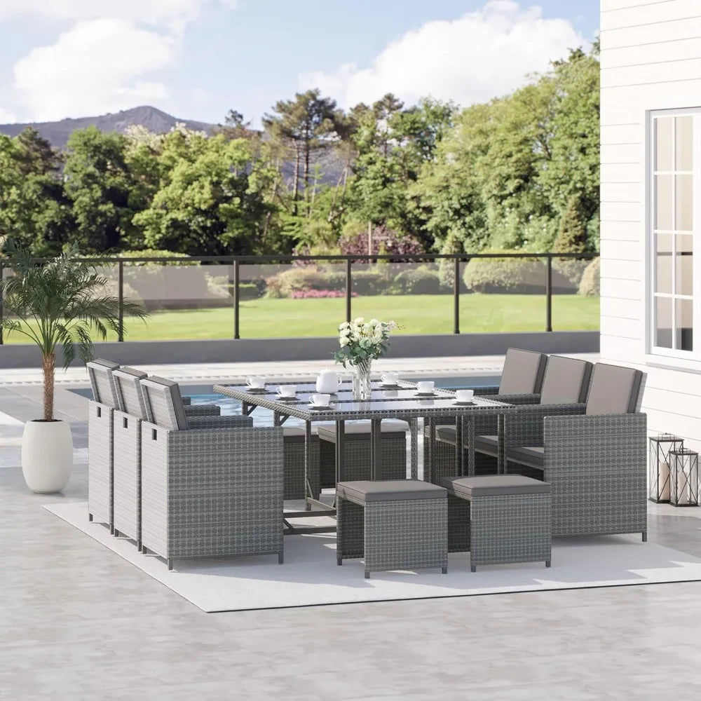 11 Pieces Outdoor Dining Set for 10, Space Saving Wicker Chairs and Glass Table with Cushions and Ottomans, Rattan Conversation