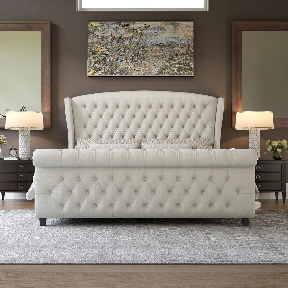 AMERLIFE Queen Size Platform Bed Frame, Chenille Upholstered Sleigh Bed with Scroll Wingback Headboard & Footboard/Button Tufted