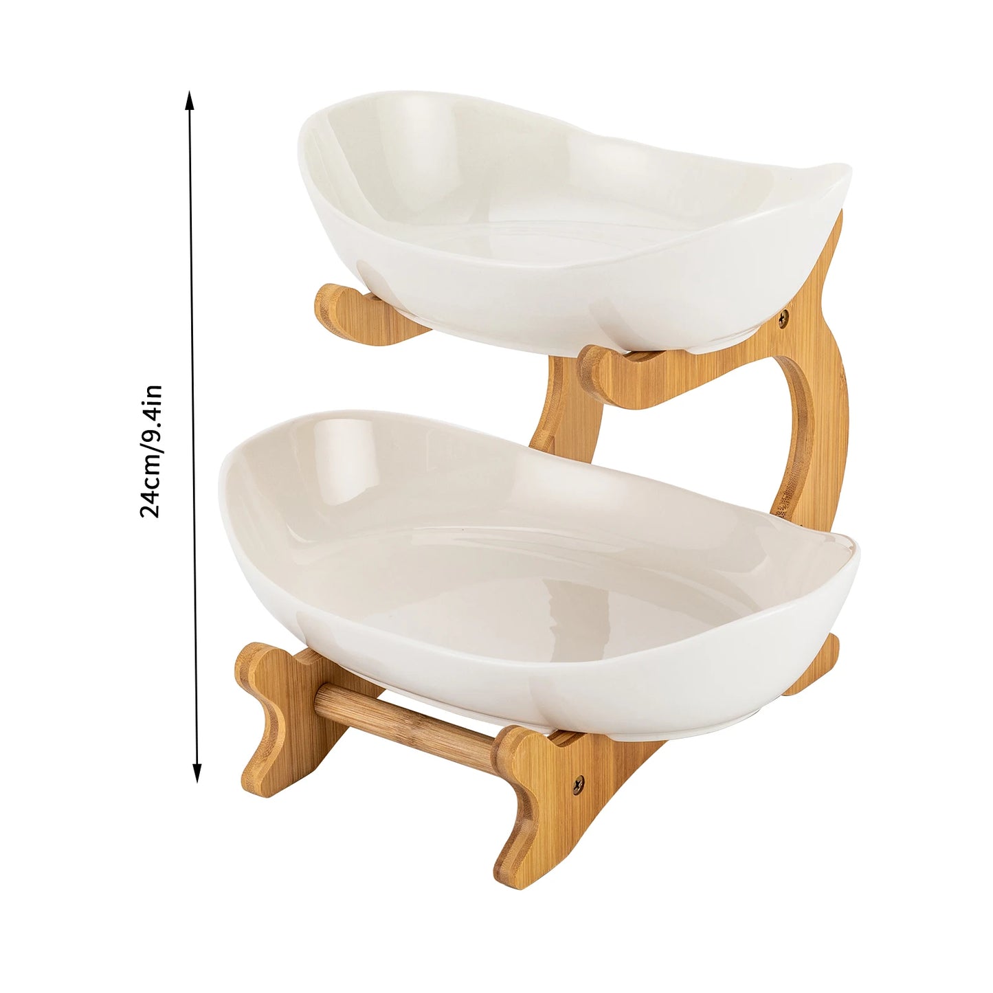 2-Tier Ceramic Fruit Bowl Set Fruit Basket Bamboo Frame & Lead-Free Glaze Fruit Display Bowl for Kitchen/Dining Table Decor