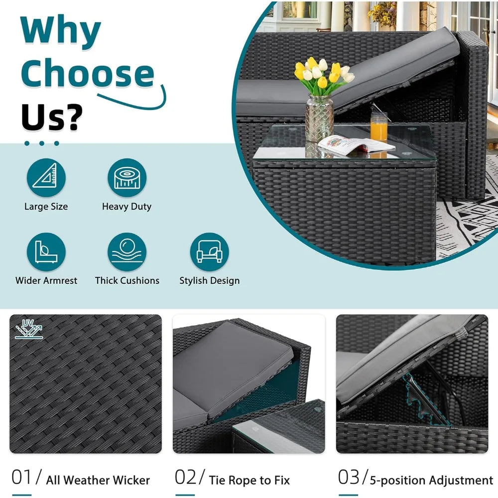 Small Outdoor Sofa Patio Furniture Set with Detachable Cushions, 3 PCS Patio Sectional Sofa with Coffee Table & 5 Position Adju