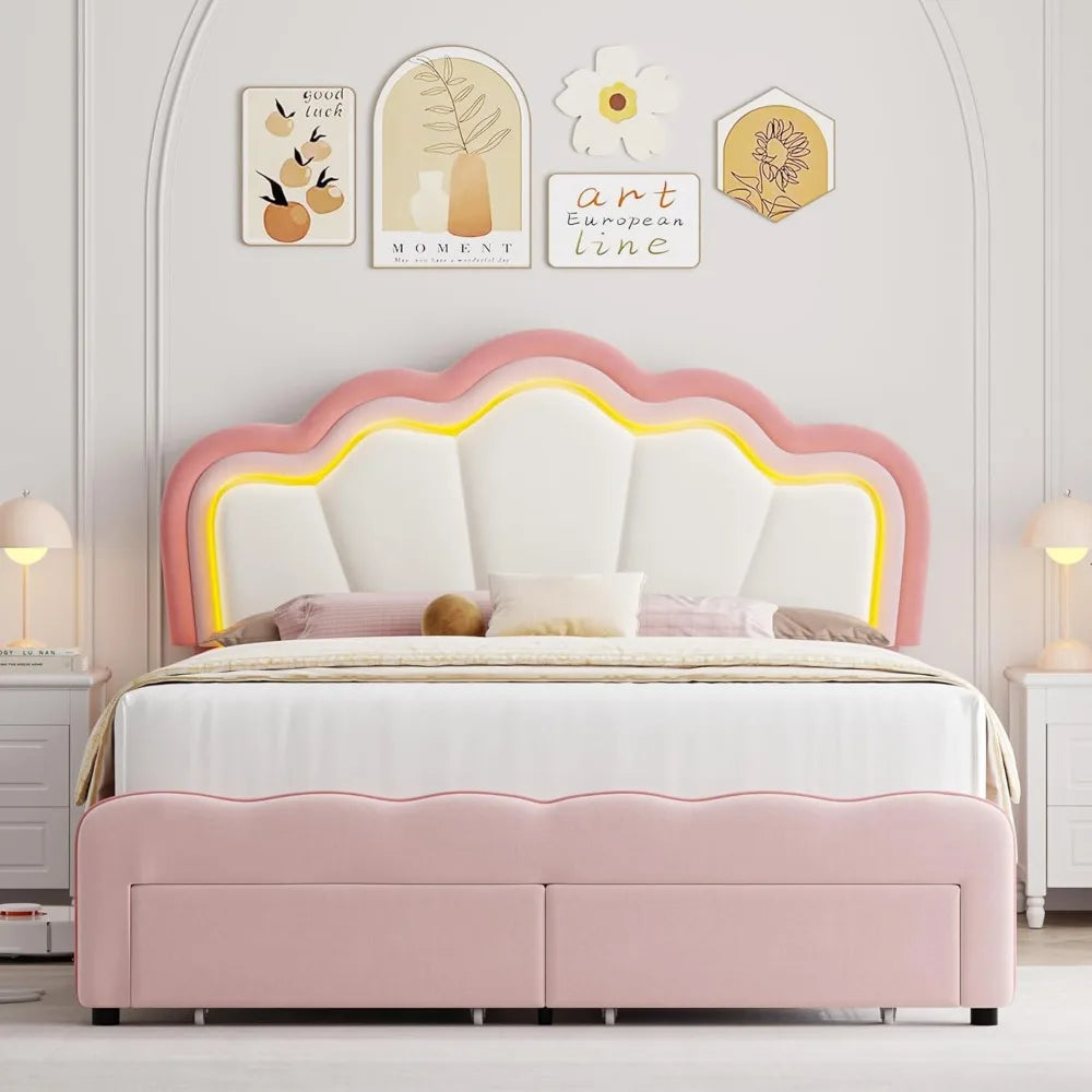 Full Upholstered LED Bed Frame with Storage Drawers, with Adjustable Lotus Headboard, Velvet Princess Platform Bed Frame