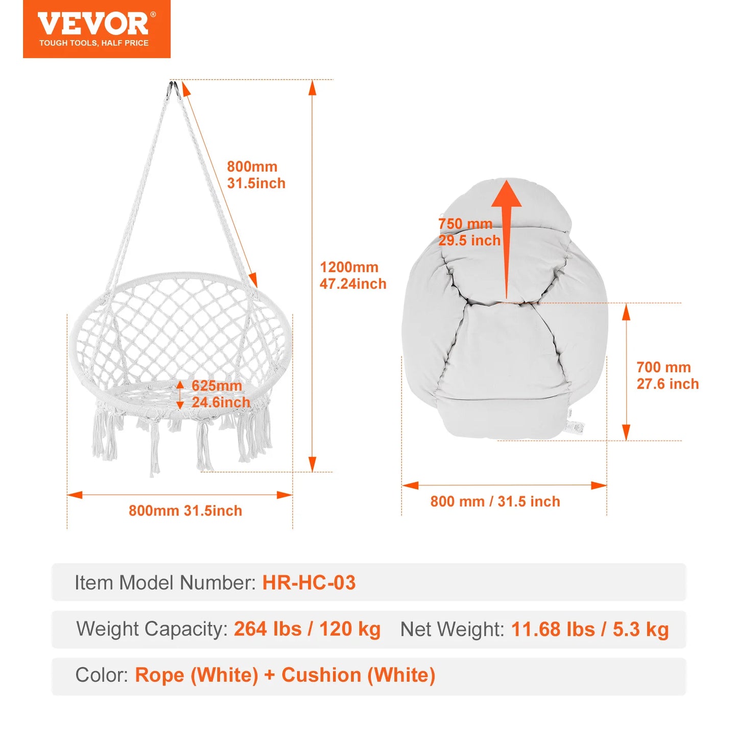 SucceBuy Hanging Hammock Swing Chair 330lbs Macramé Hanging Chair Cotton Rope Swing Chair for Bedroom Balcony Patio Garden White