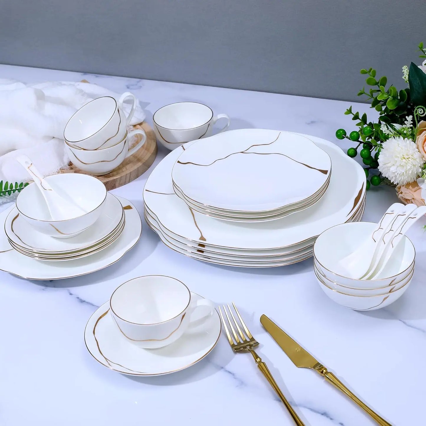 24 Piece White Porcelain Dinnerware set for 4,Plates and Bowls Sets With Gold Rim and gold accents,Highly Chip and Crack Resista