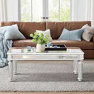 Luxury Silver Mirrored Coffee Table with Crystal Accents
