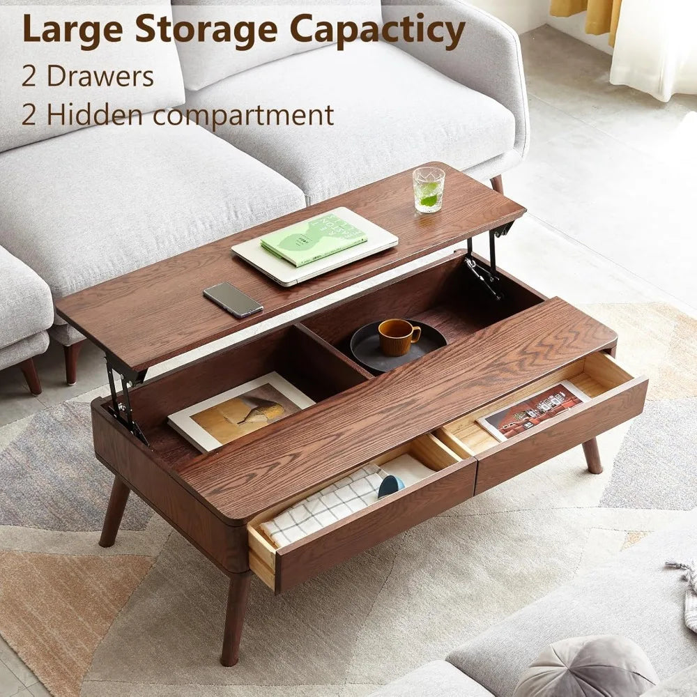 100% Solid Oak Wood Coffee Table, Lift Top Walnut Coffee Table with Drawers and Hidden Compartments, Rectangular Coffee Tables w