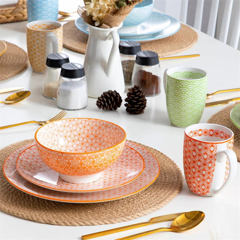 16Pieces Porcelain Multi-Colour Japanese-style Dinnerware Set with 4*Dinner Plate,Dessert Plate,Bowl,Mug Ceramic Tableware Set